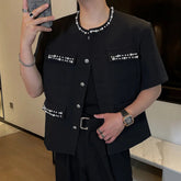 HEYFANCYSTYLE Men's Tailored Fit Pearl Embellished Short Sleeve Jacket